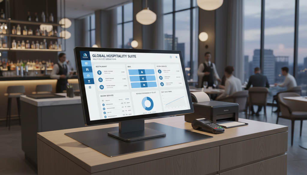 Agilysys POS dashboard managing multiple hotel outlets and services