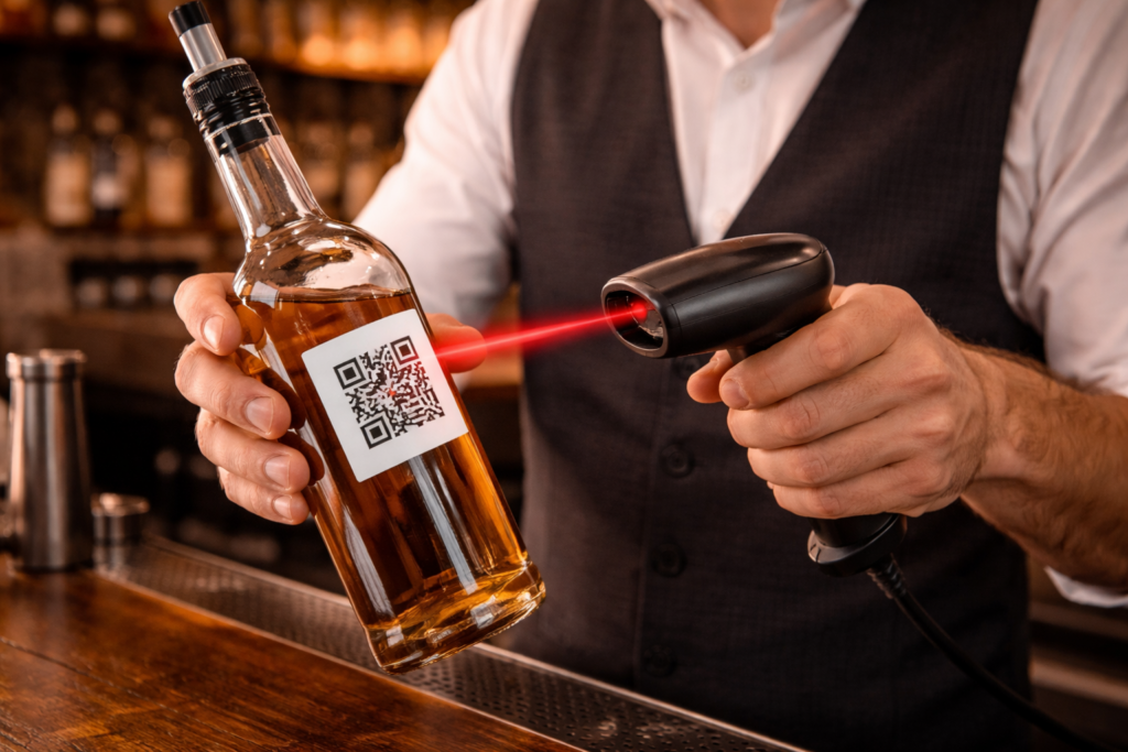 Bartender scanning liquor bottle QR code for instant measurement data
