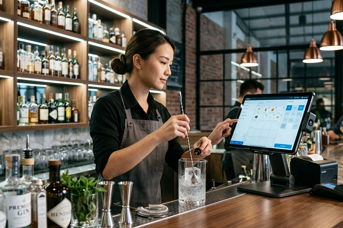 Bartender using digital calculator tool for drink measurement in bar