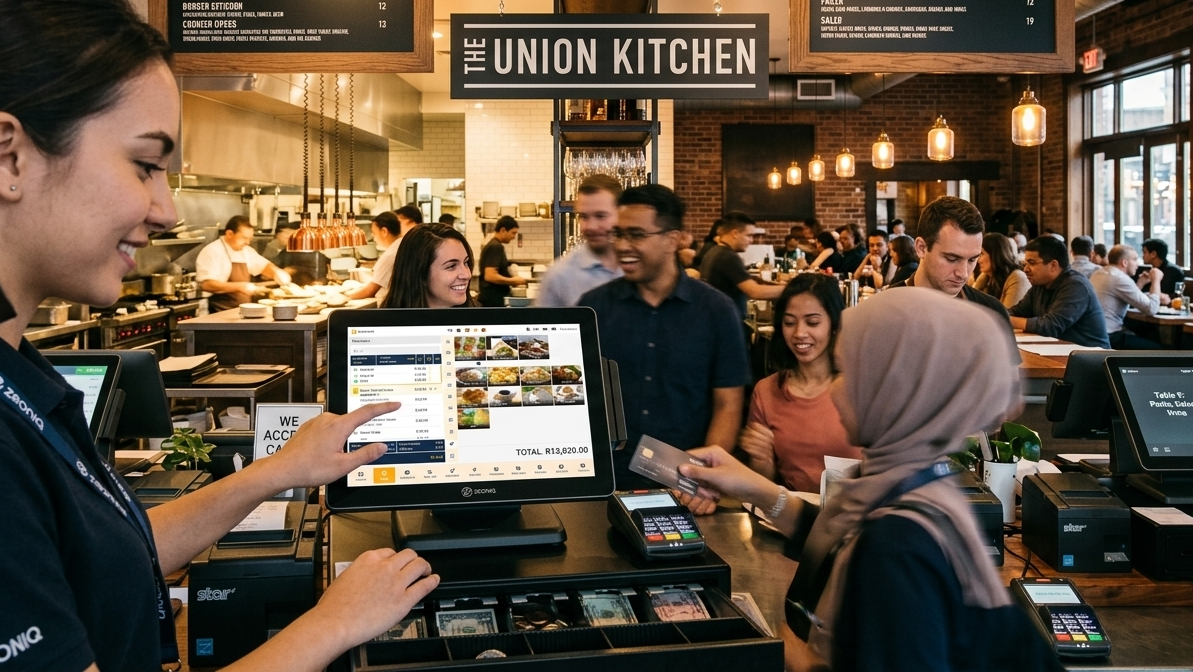 Restaurant cashier using stable POS system during busy service hours