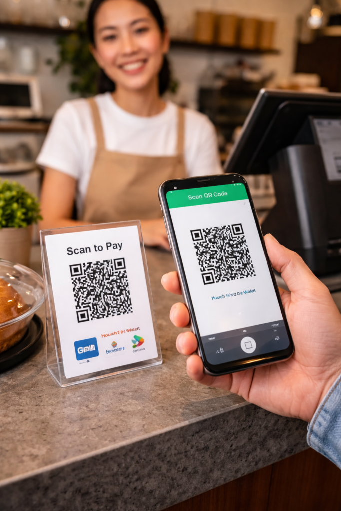 Customer making payment using DuitNow QR code in Malaysia retail store