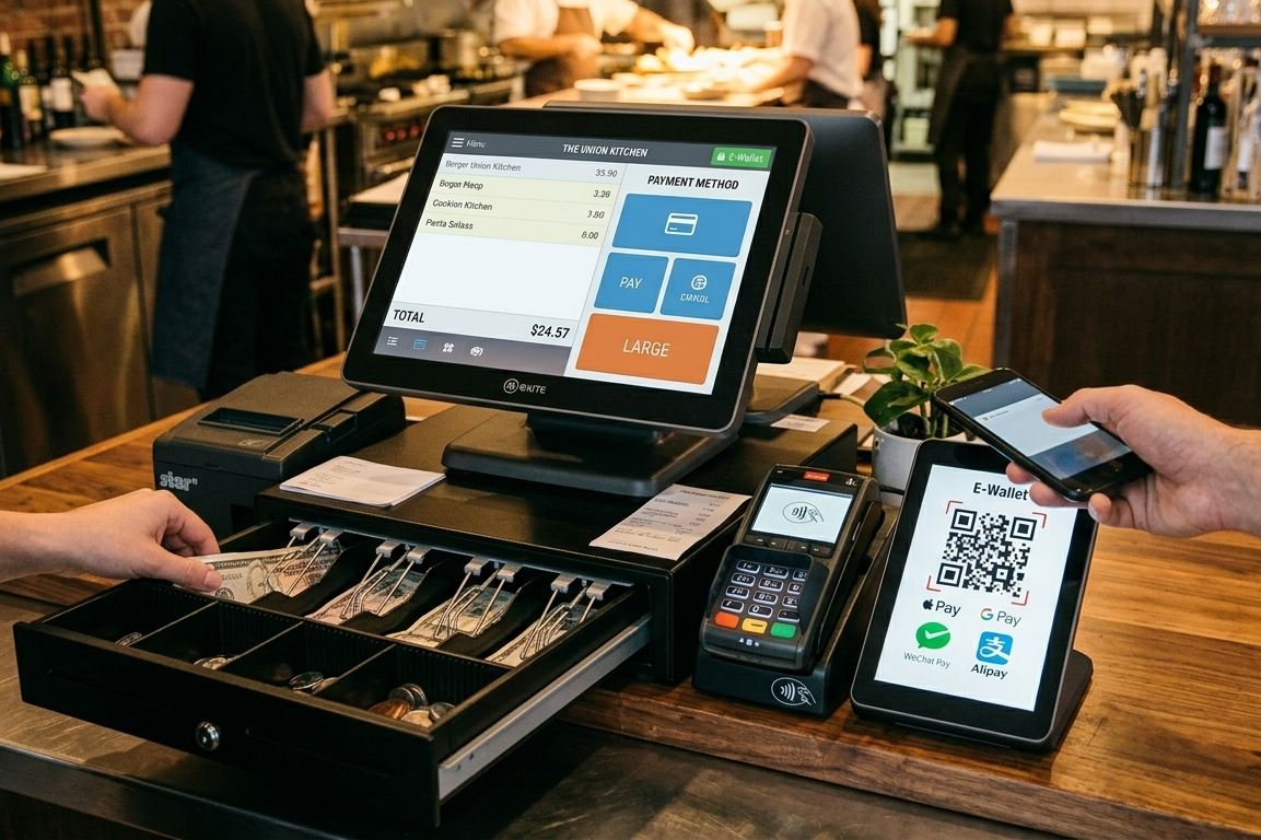 Restaurant POS payment system supporting cash card and e wallet payments
