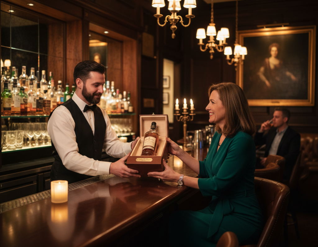 Customer returning to enjoy stored liquor bottle in bar loyalty program