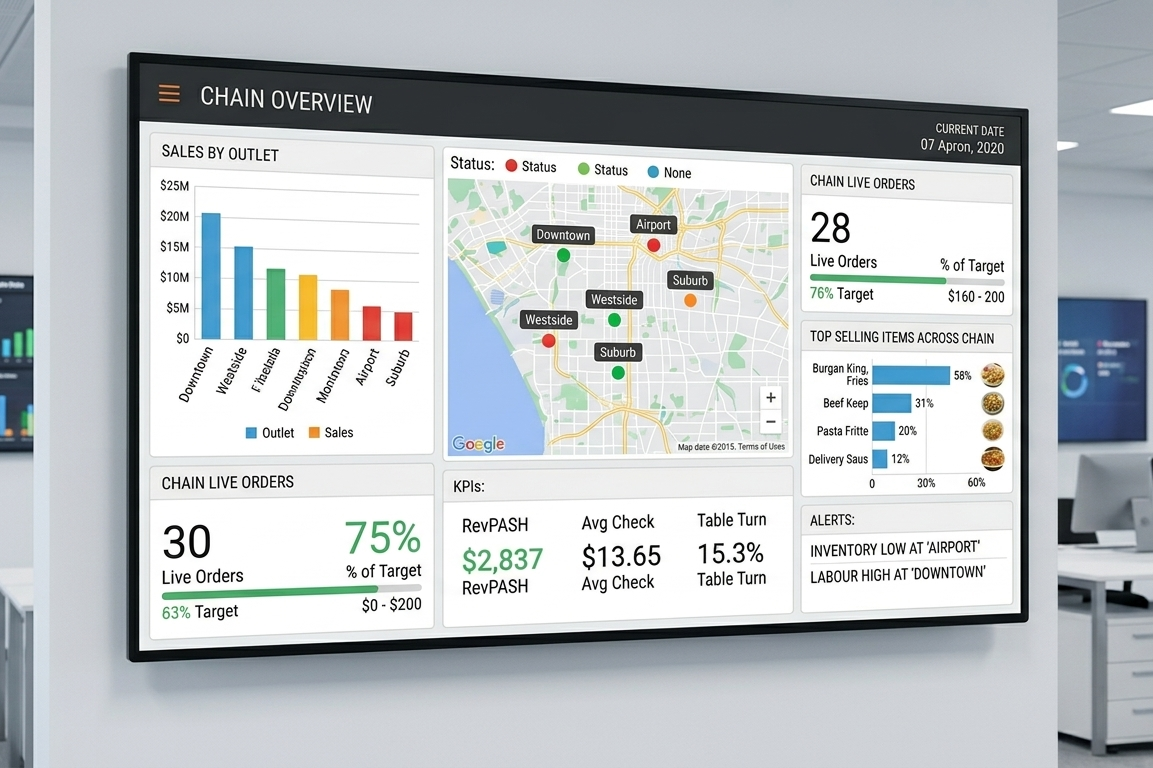 Multi outlet restaurant POS management dashboard for chain restaurants