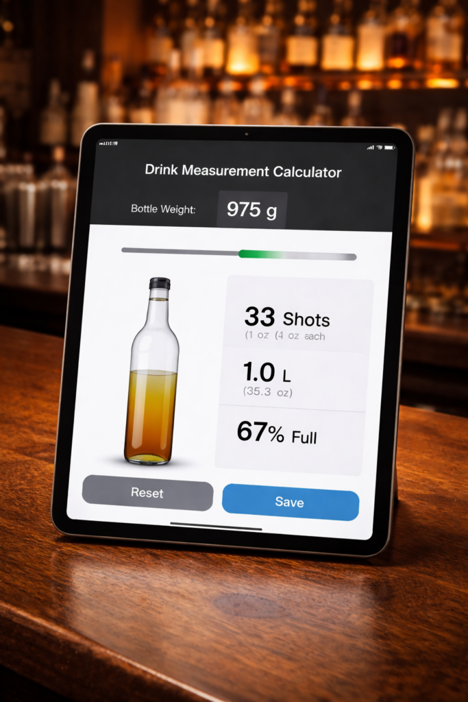 Digital bartender calculator converting bottle weight to shots and volume