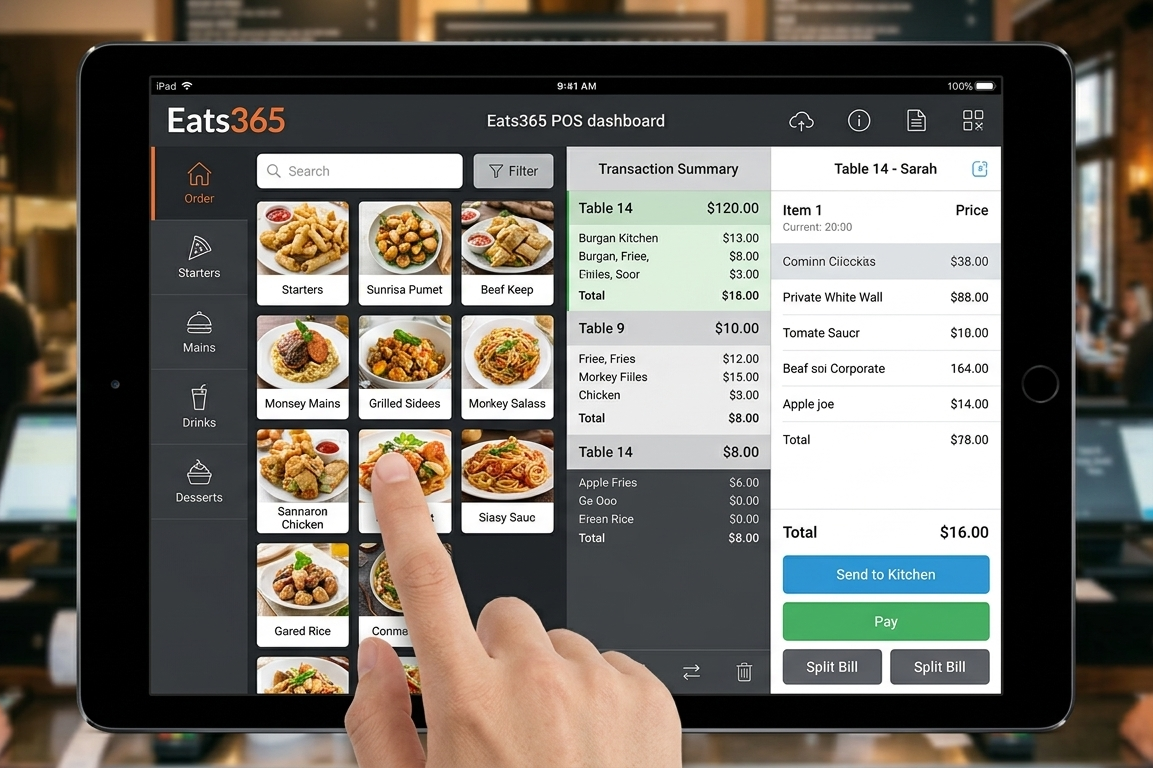 Eats365 restaurant POS dashboard showing orders and table management