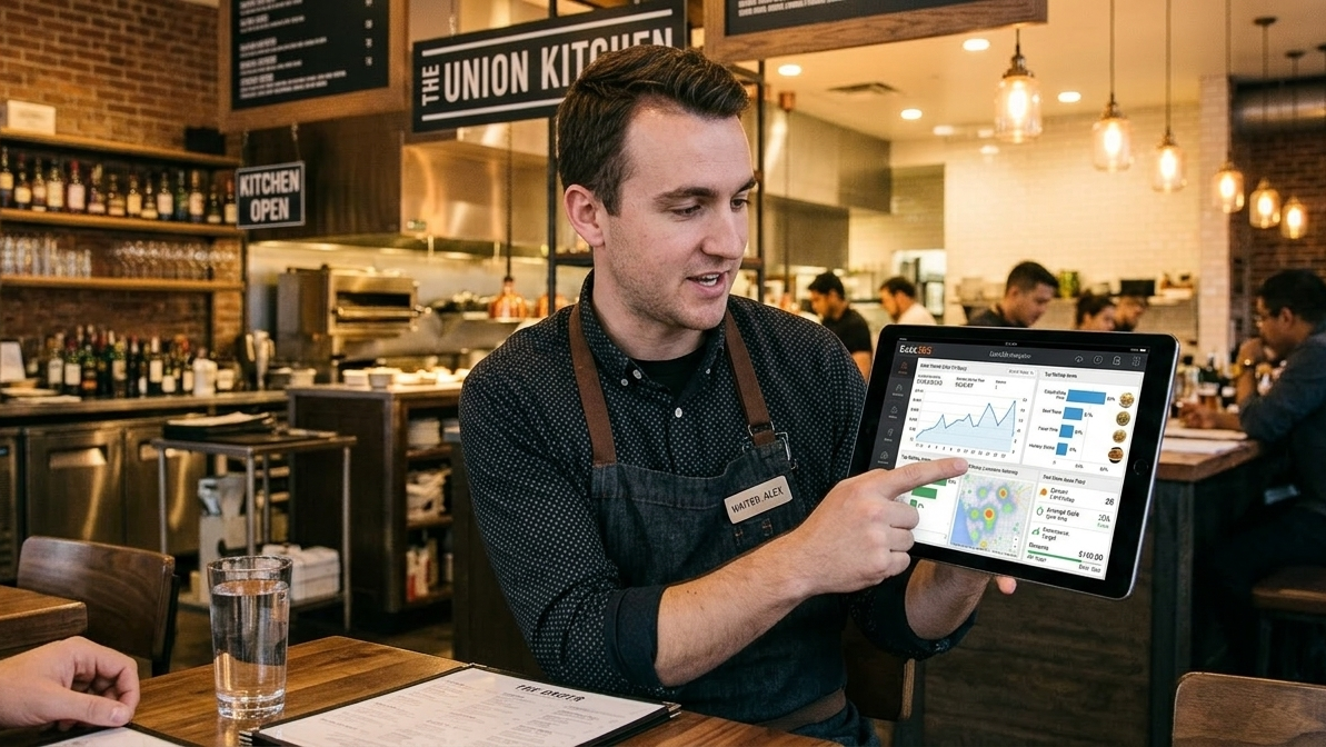Waiter using tablet POS system to take restaurant orders