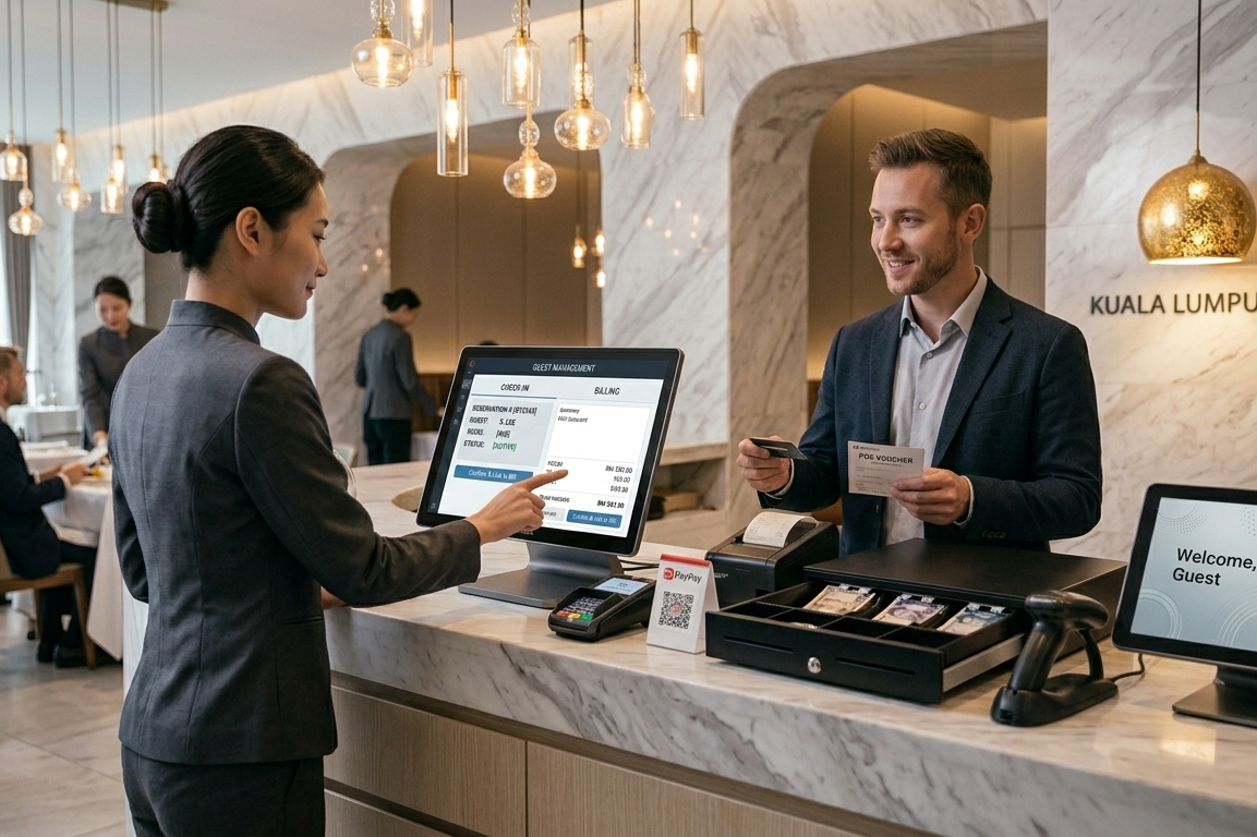 Hotel PMS system integrated with POS for guest billing and room charge