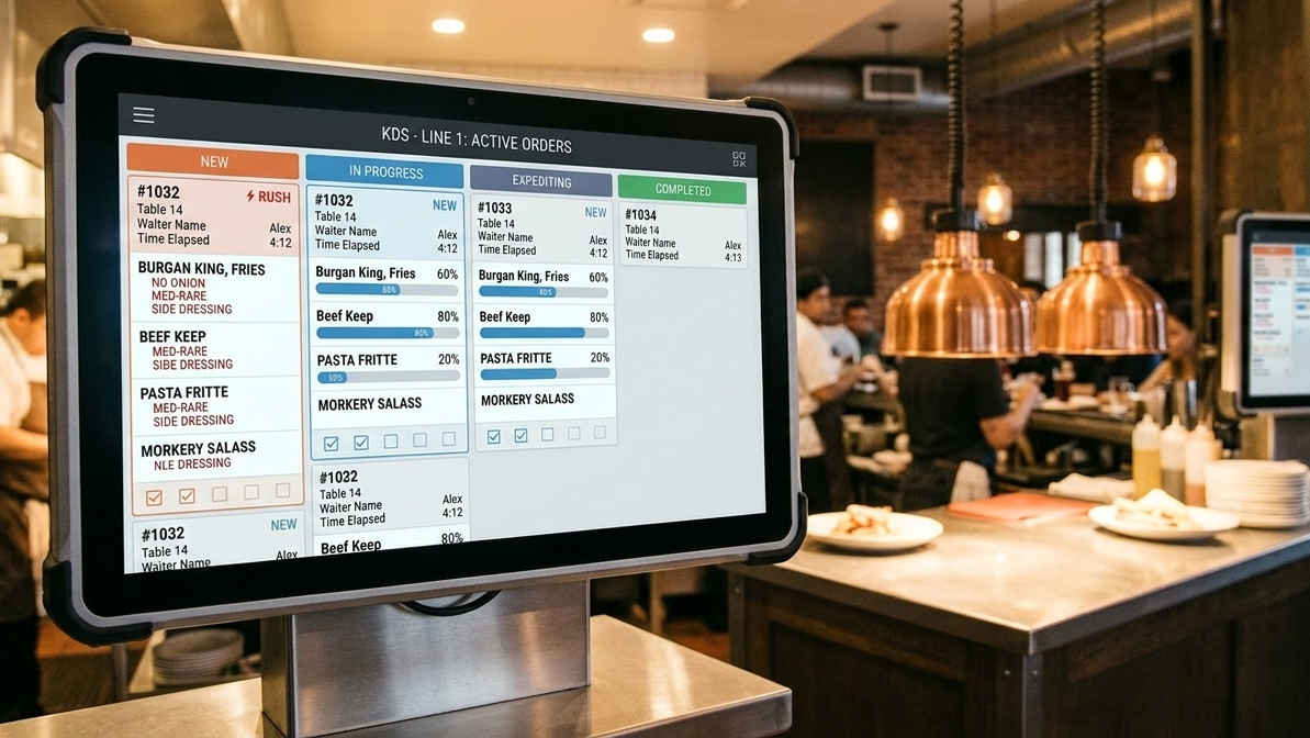 Kitchen display system showing restaurant orders from POS system