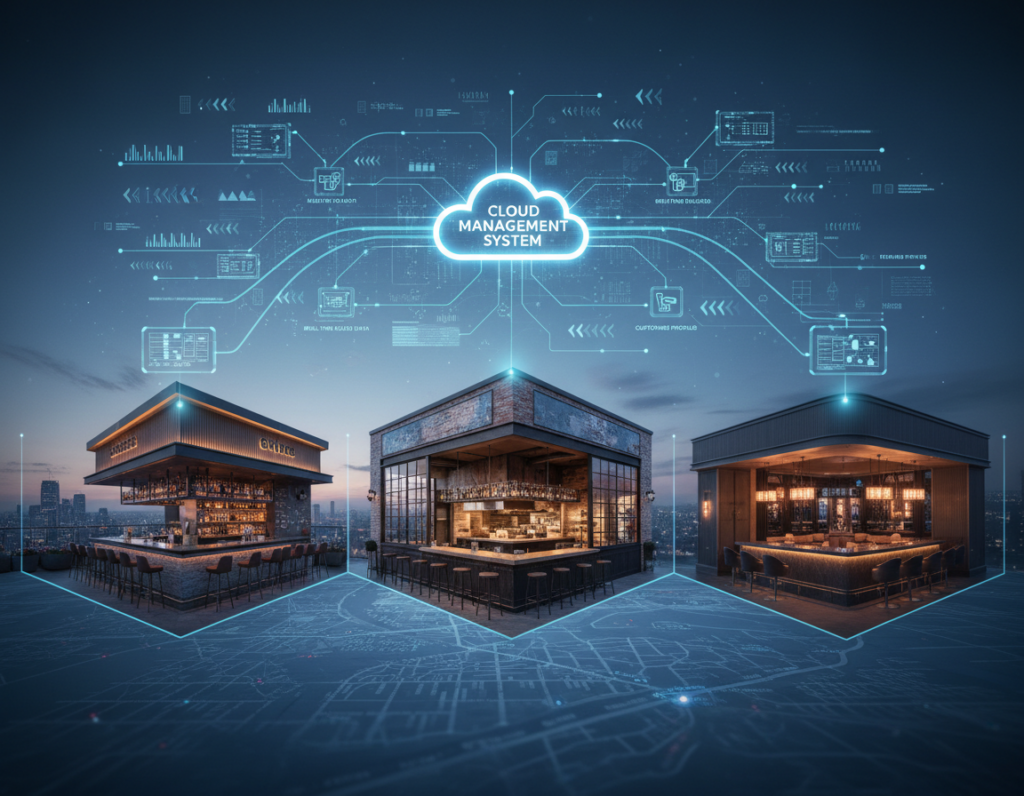 Multiple bar and restaurant locations connected digitally, concept visualization of multi-outlet management with cloud system, modern hospitality environments, blue digital overlay showing connection between locations