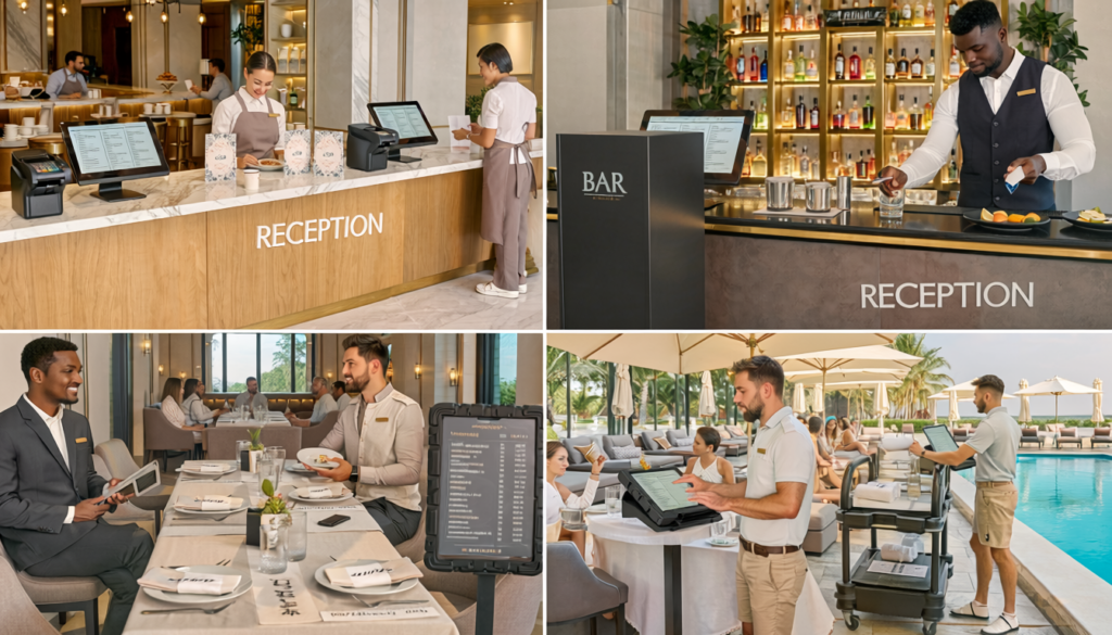 Multi outlet hotel POS system managing restaurant bar and poolside operations
