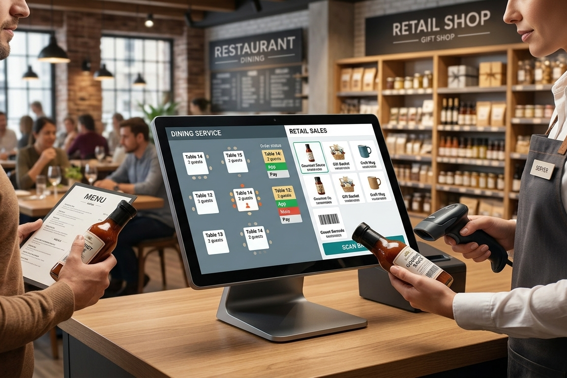 POS system supporting restaurant dining service and retail barcode sales