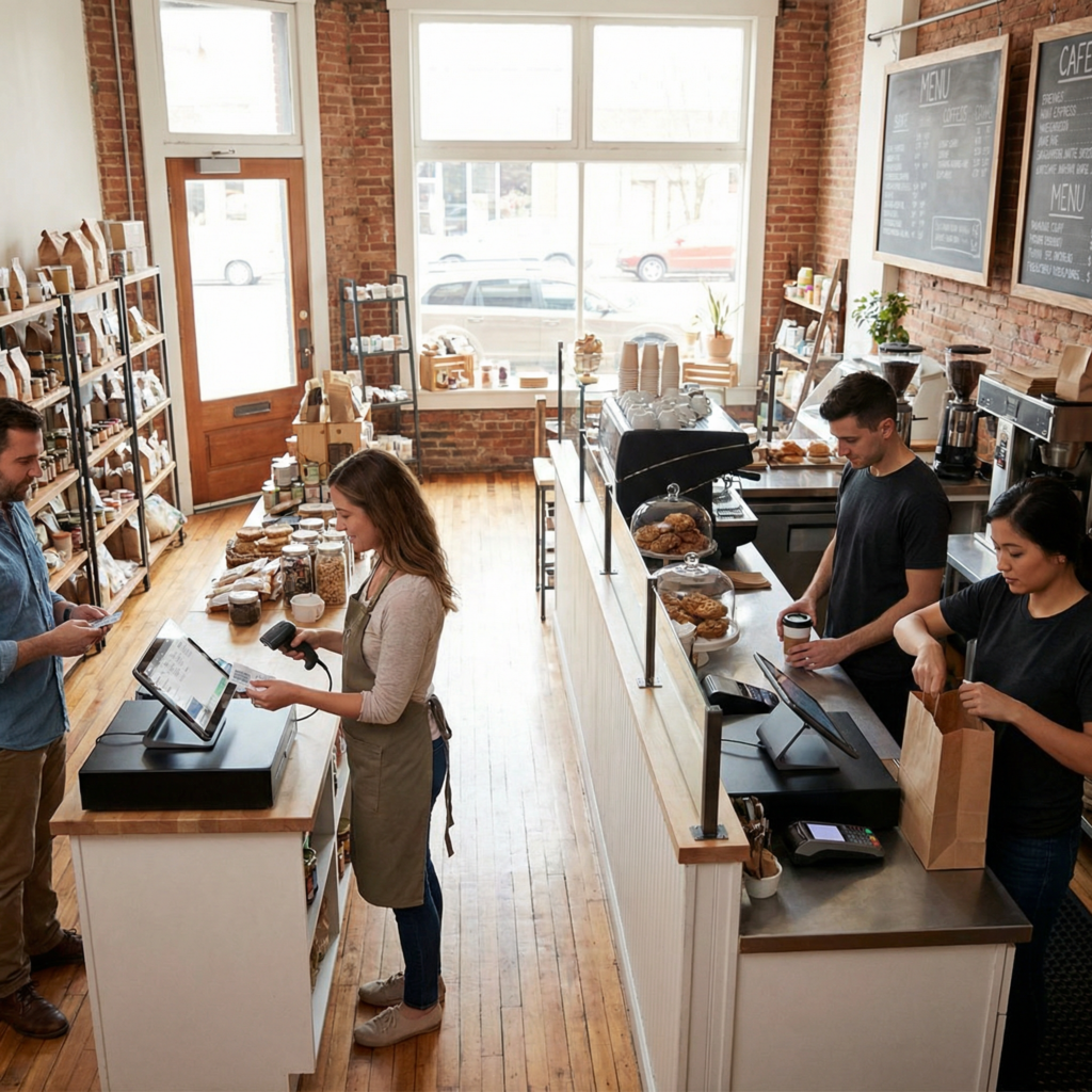 POS system supporting retail barcode scanning and cafe takeaway operations