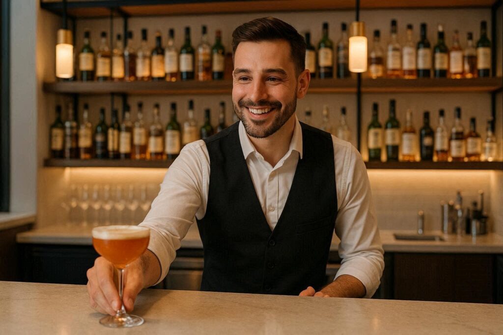 Professional bartender delivering consistent drinks using digital tools