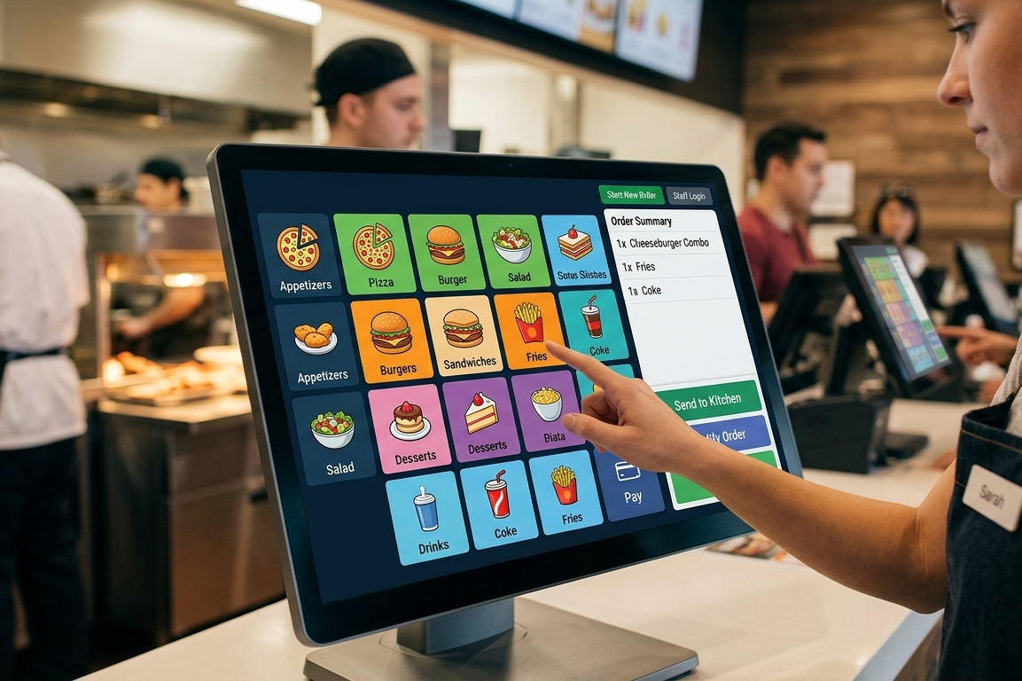 Touchscreen POS interface for fast restaurant order entry