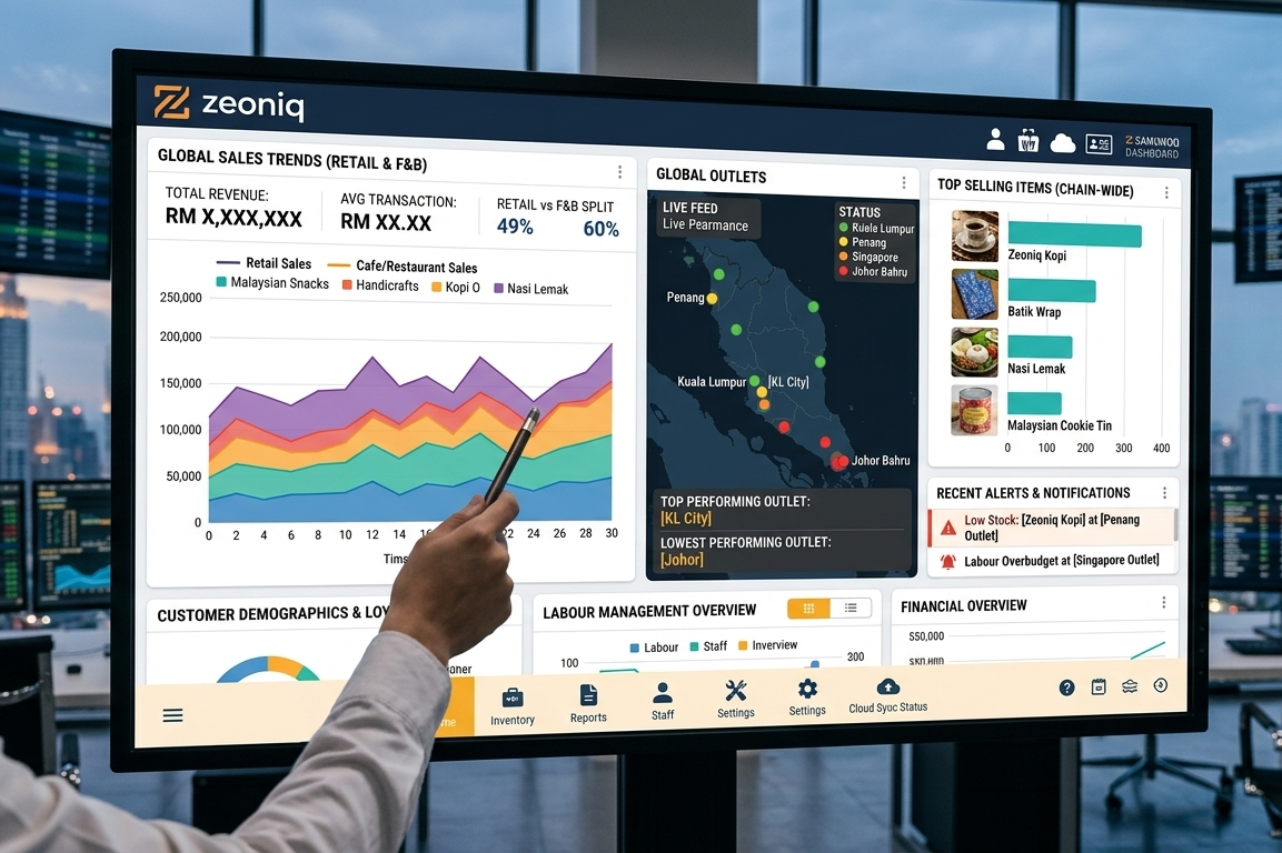 Zeoniq POS system dashboard for restaurant and retail business management